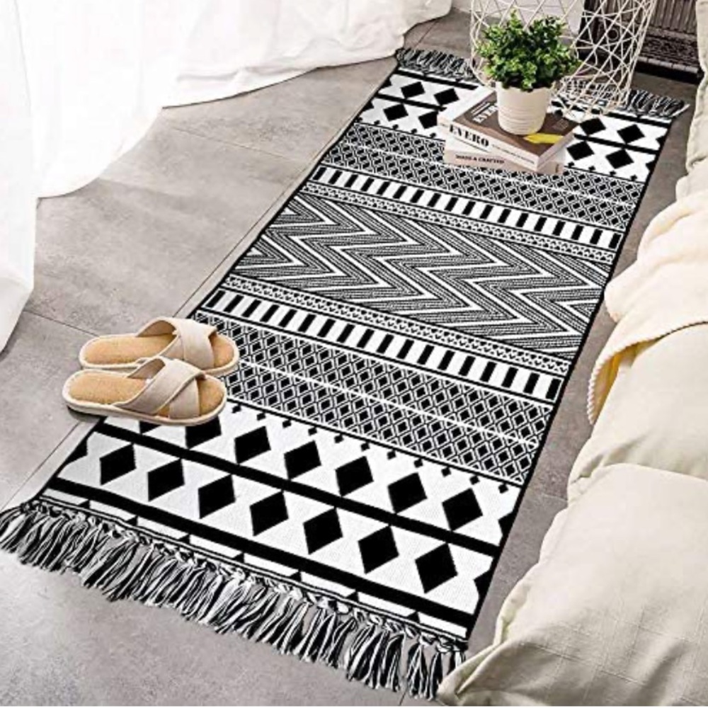 Boho Bathroom Rug Runner with Tassel Reversible